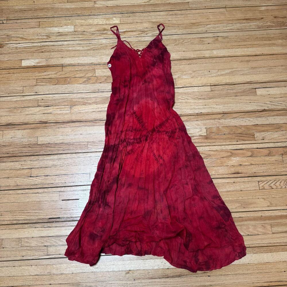 Red cotton tie dye smocked maxi